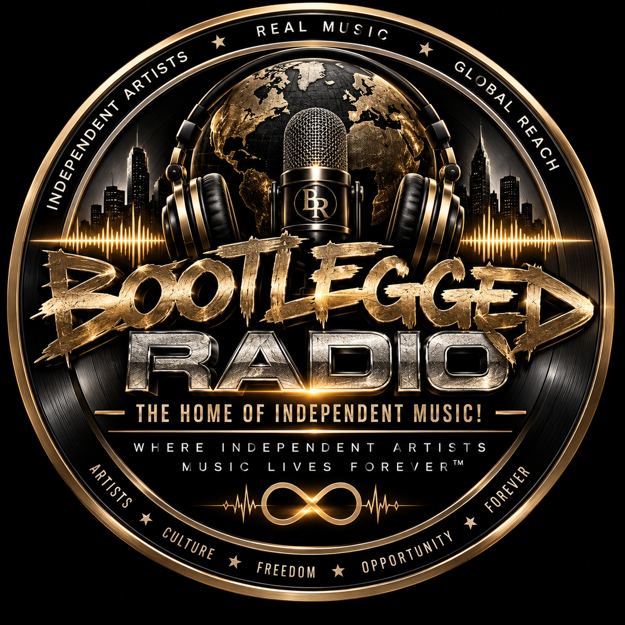 Bootlegged Radio emblem: artists, culture, freedom, opportunity, forever.